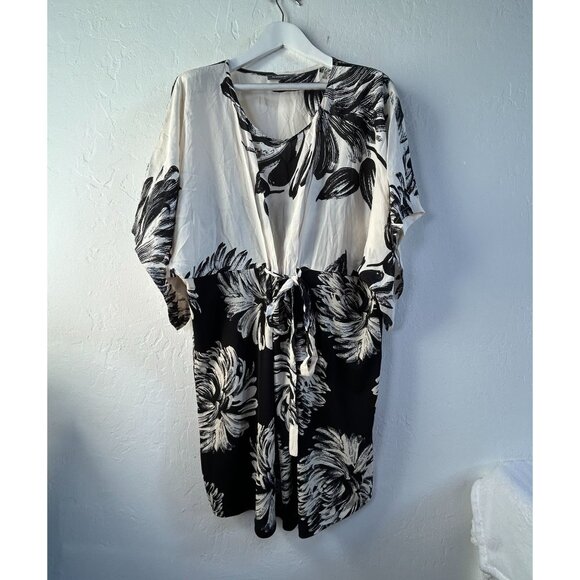 Alembika Womens Black & White Floral Kimono Shift Dress Small Tie-Waist Stretch